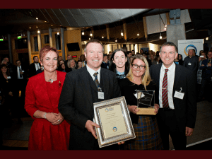 Angela Constance MSP presents to Jonny Kinross, Susan Harper Catherine Jones and Tommy Steel at the Awards ceremony at the Scottish Parliament